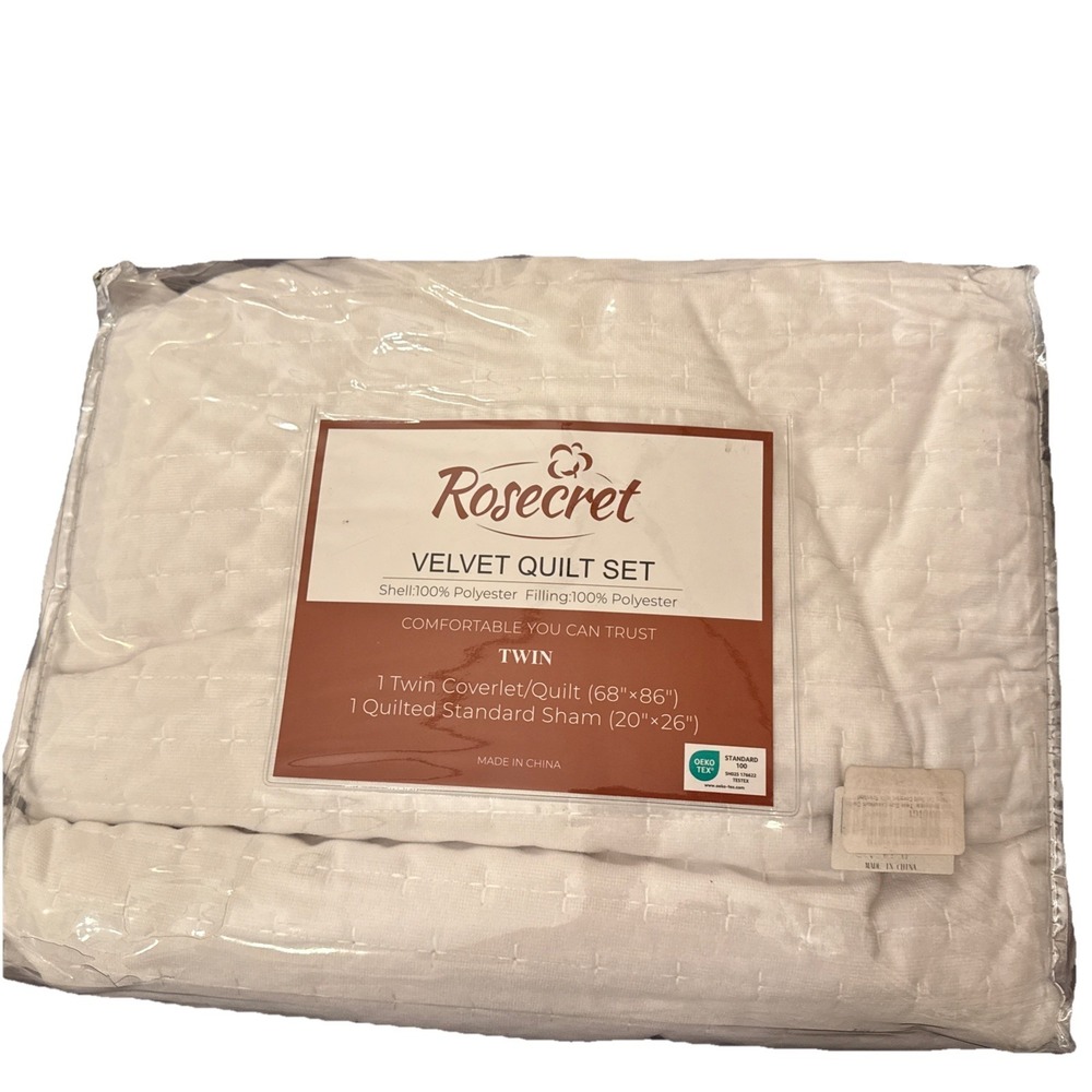 Luxury Velvet Twin Quilt Set Lightweight Oversized Cream White Quilt & Sham NEW